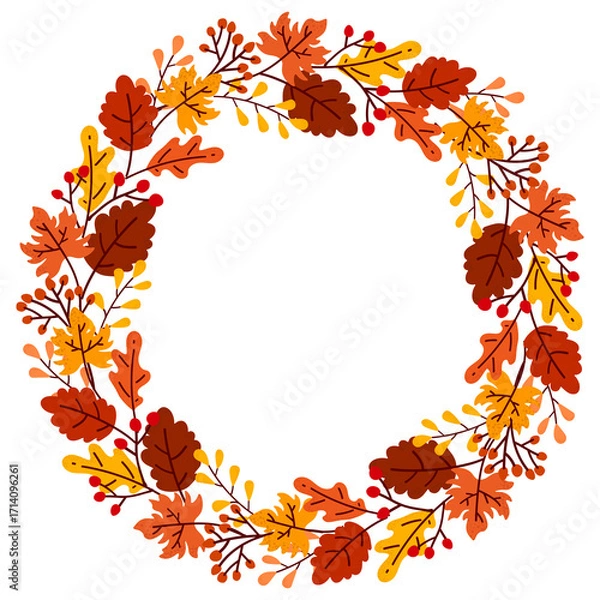 Fototapeta Autumn Circle Wreath, Fall Leaves Frame, Decorative Autumn Border, Hand Drawn Frame with Leaf and Berries