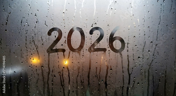Fototapeta Year 2026 written on misty window with raindrops and warm light  