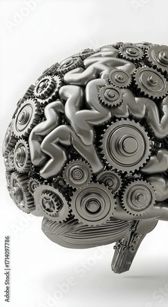 Obraz Mechanical Brain 3d rendered, A highly detailed, mechanical brain with gears and cogs turning, made of bronze and steel., Cyborg Mind Gears