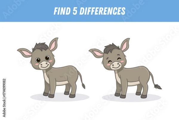 Fototapeta Find 5 differences between two pictures of funny cartoon donkey. Cute donkey. Vector illustration
