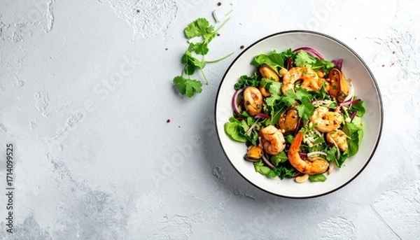 Obraz Shrimp Salad with Greens and Onions in Bowl