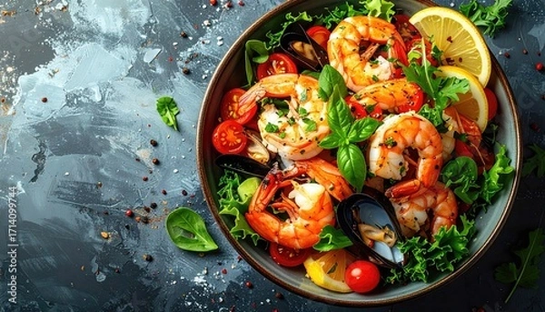 Fototapeta Shrimp and Greens Salad Bowl with Lemon Garnish