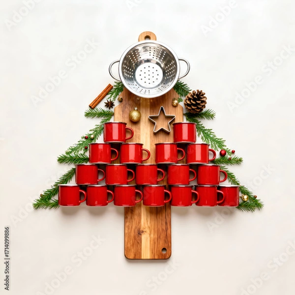 Fototapeta Holiday kitchen scene featuring red mugs arranged in the shape of a Christmas tree with festive decorations and a colander centerpiece