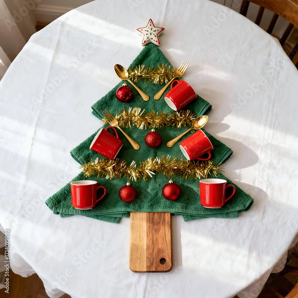 Fototapeta Creative Christmas tree centerpiece made from towels and festive decorations on a dining table