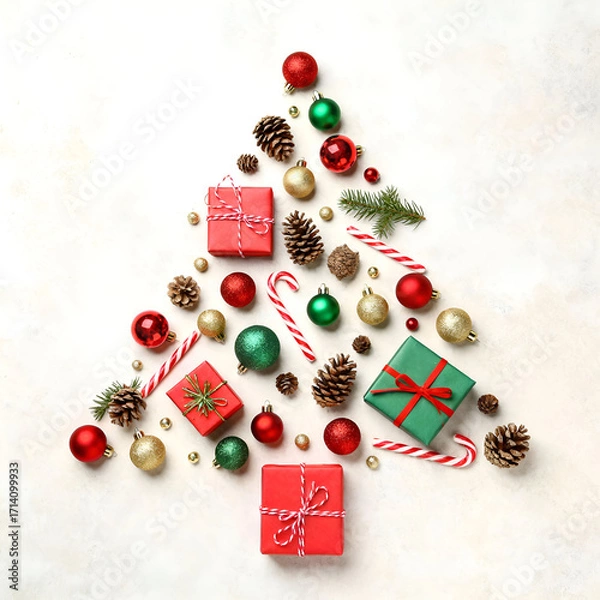 Fototapeta Decorative arrangement of Christmas gifts and ornaments creating a festive tree shape on a light background during the holiday season