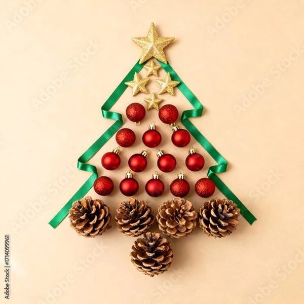 Fototapeta Festive decoration with red ornaments and pinecones arranged in the shape of a Christmas tree on a light background