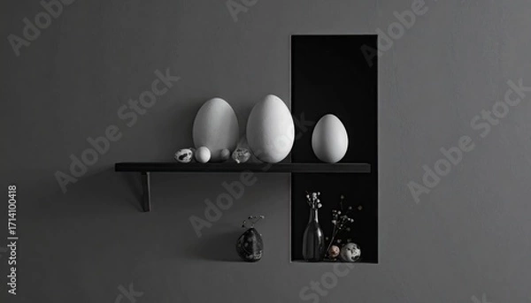 Fototapeta Three White Eggs on a Dark Shelf with Still Life Arrangement