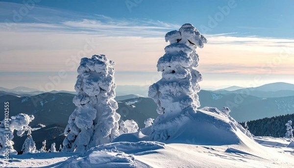 Fototapeta Snow Covered Trees on Mountain Ridge at Sunset