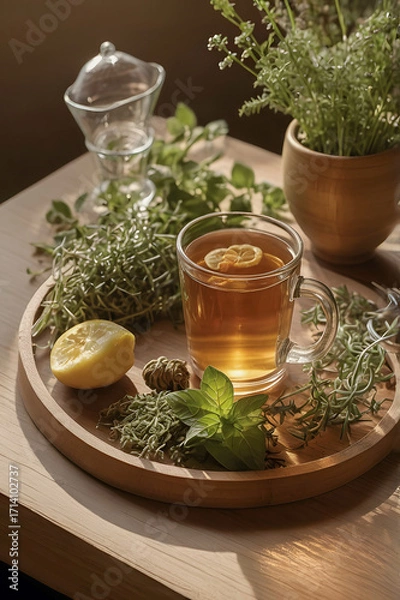 Fototapeta A clear glass cup of herbal tea with a lemon slice sits on a round wooden tray. It is surrounded by fresh herbs, a lemon half, and dried plants, creating a scene of natural wellness and tranquility.