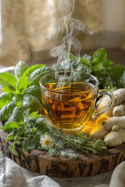 Fototapeta A warm cup of herbal tea sits on a rustic wooden board, surrounded by fresh ginger, mint leaves, and chamomile. Steam rises from the golden liquid, creating a cozy and inviting scene of natural 