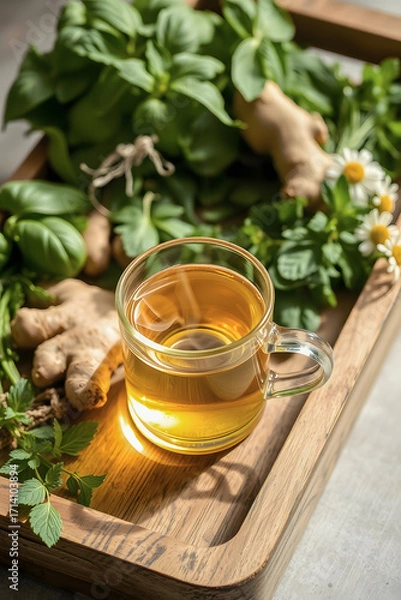 Fototapeta  cup of steaming herbal tea rests on a wooden tray with a sprig of mint. It is surrounded by fresh mint leaves, ginger, and chamomile flowers, evoking a feeling of natural wellness and tranquility.