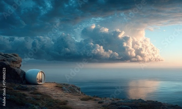 Fototapeta Coastal dwelling overlooking ocean and clouds