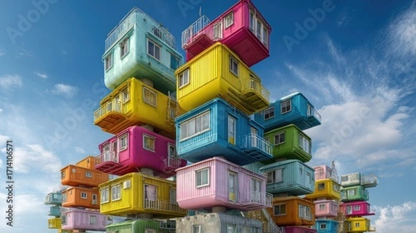 Fototapeta Colorful shipping container building against blue sky