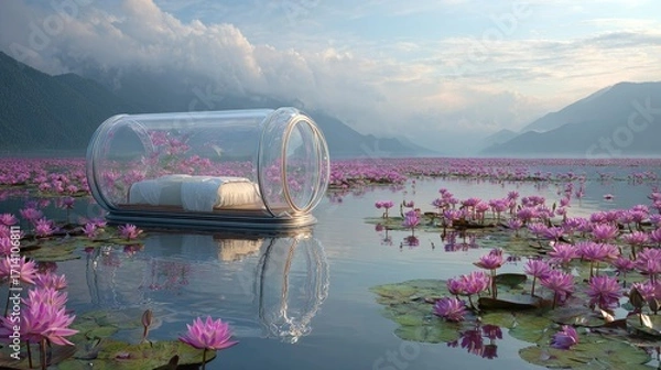 Fototapeta Floating bed in lotus pond with mountains