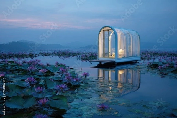 Fototapeta Floating cabin on lake with lotus flowers