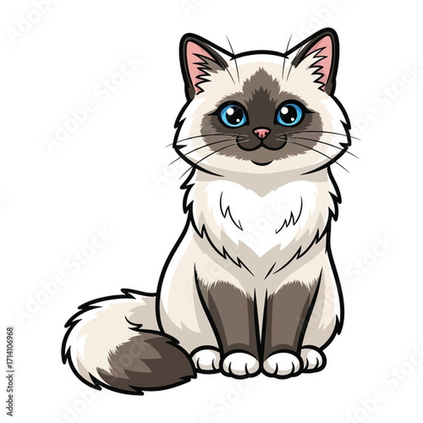 Fototapeta Charming Ragdoll Cat: A cute cartoon illustration of a Ragdoll cat with bright blue eyes, soft fur, and a sweet, welcoming expression, perfect for children's design.
