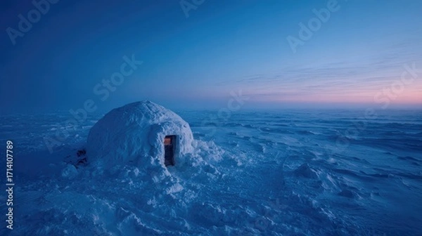Fototapeta Igloo on snowy landscape at dusk
