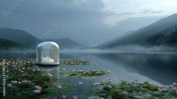Fototapeta Lake with floating structure and lily pads