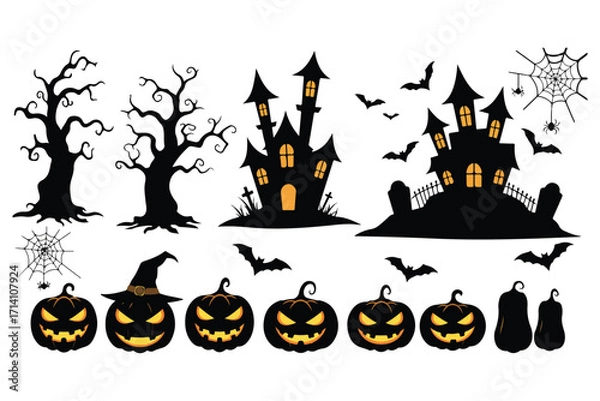 Fototapeta Halloween silhouette vector set, spooky trees, haunted houses, carved pumpkin faces, spider webs, bats and pumpkin shapes, ideal for party designs, banners and decorations.eps