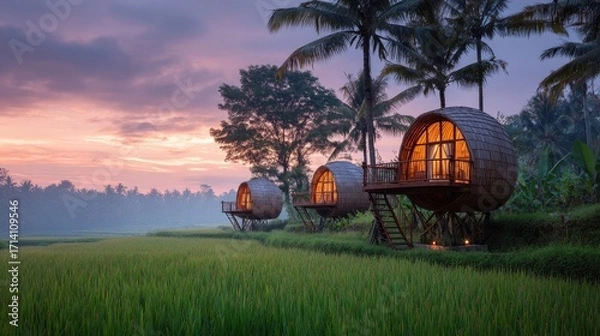 Fototapeta Rice fields with unique treehouse lodging at sunset