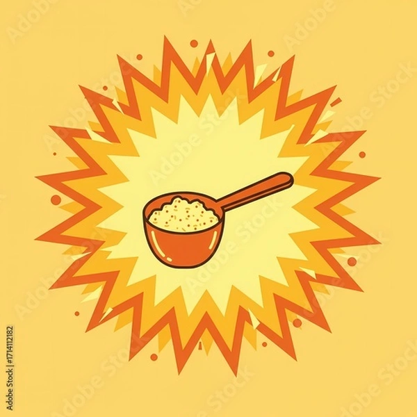 Fototapeta Measuring scoop with creatine supplement on yellow burst background  