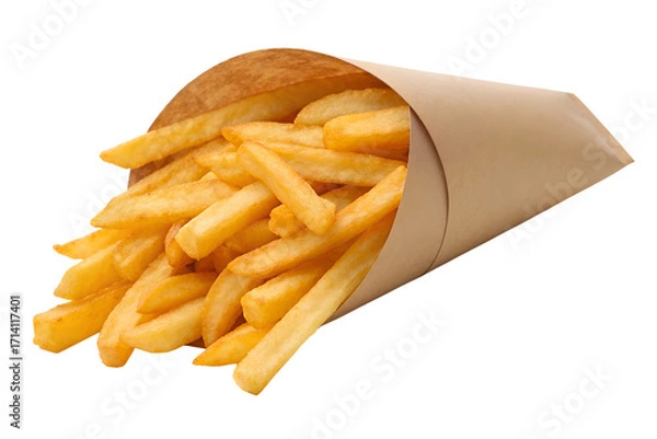 Fototapeta Delicious crispy french fries in a paper cone, perfect for a quick snack or side dish, isolated on white