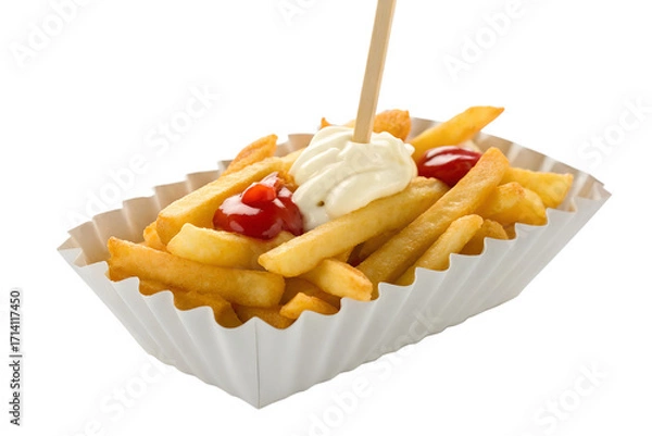 Fototapeta Delicious French Fries with Mayonnaise and Ketchup in a Fluted Paper Tray on a White Background