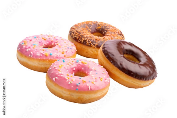 Fototapeta An appealing variety of freshly baked donuts, featuring vibrant pink icing adorned with colorful sprinkles and classic rich chocolate glaze, perfect for a sweet treat