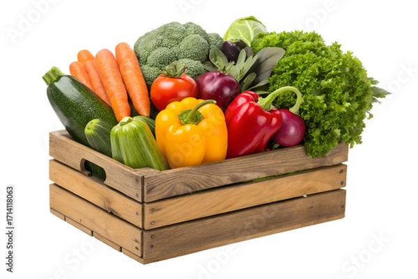 Fototapeta Fresh Assorted Vegetables in Wooden Crate Healthy Eating, Organic Produce, and Colorful Ingredients Isolated on White