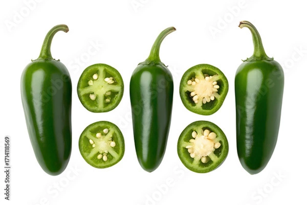 Fototapeta Fresh green jalapeño peppers, whole and sliced, showcasing vibrant color and texture, perfect for culinary use and spice enthusiasts
