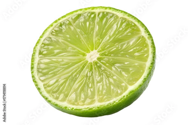 Fototapeta A vibrant, juicy half-cut lime, showcasing its refreshing green flesh and textured peel, isolated on a clean white background, perfect for culinary and design inspiration