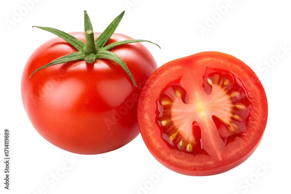 Fototapeta Fresh vibrant red tomato slices, white button mushrooms, aromatic rosemary, and peppercorns, on a white background, ideal for healthy cooking