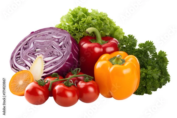 Fototapeta A vibrant assortment of fresh, colorful vegetables including red cabbage, bell peppers, tomatoes, lettuce, and parsley, artfully arranged and isolated on a white background
