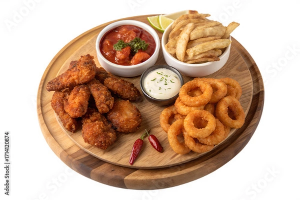 Fototapeta Delicious fried chicken, french fries, and onion rings served on a wooden board with dipping sauce and lime