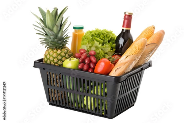 Fototapeta Basket overflowing with fresh produce pineapple, grapes, lettuce, bread, wine and various groceries, perfect for healthy eating