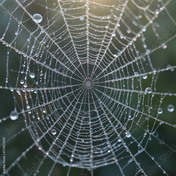 Fototapeta Dew-covered spider web in morning light with sparkling droplets and blurred green background. AI generated.
