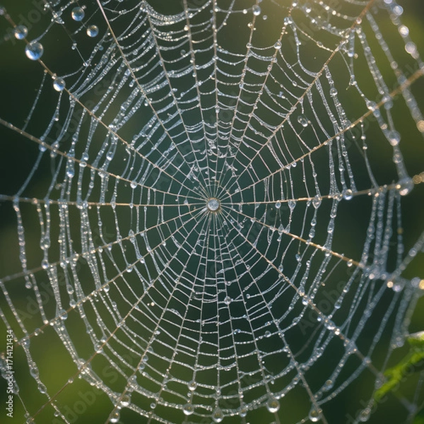 Fototapeta Dew-covered spider web in morning light with sparkling droplets and blurred green background. AI generated.
