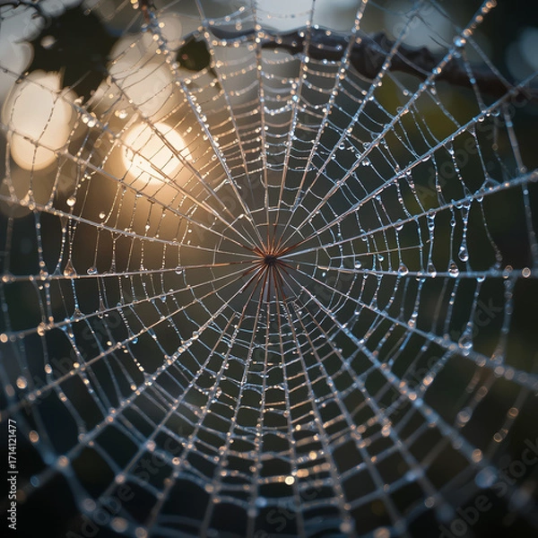 Fototapeta Dew-covered spider web in morning light with sparkling droplets and blurred green background. AI generated.

