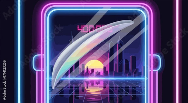 Fototapeta Glowing digital watch illustration with colorful neon lines and reflected cityscape on display.