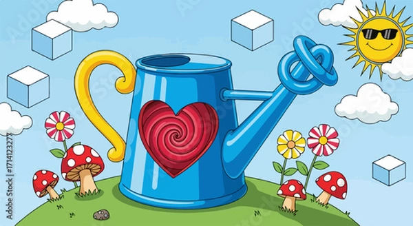 Fototapeta Watering can illustration shows blue watering can with a red heart on green hill. Watering can illustration conveys concept of love and gardening, alongside flowers and mushrooms.
