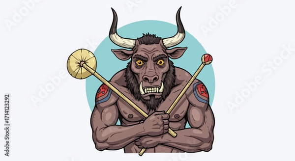 Fototapeta Minotaur illustration featuring monster creature with muscular torso and horns, a ferocious guardian from ancient myths. Minotaur illustration shows mythological beast holding weapons.