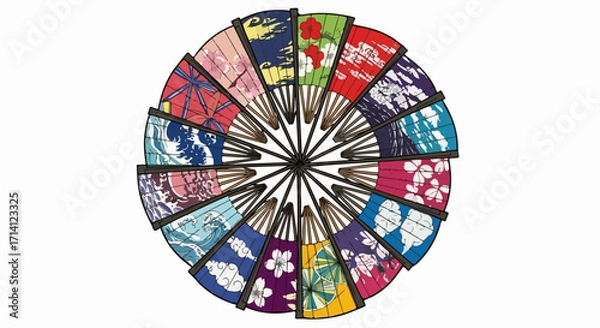 Fototapeta Hand fan collection featuring various styles, decorative hand fan samples exhibit distinct designs, providing inspiration. Assortment hand fan collection showcases diverse patterns, colors,