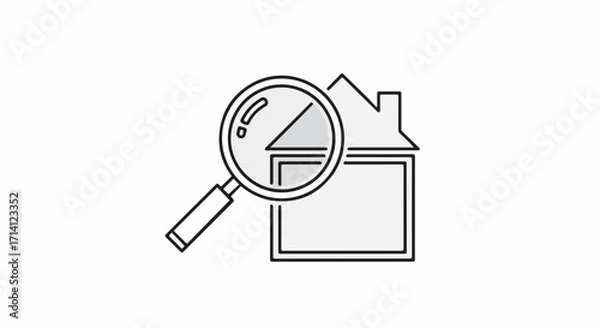 Fototapeta Property search with magnifying glass over house outline. Property search includes finding right place, evaluating condition, and verifying legal ownership.