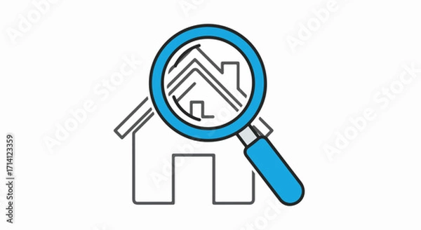 Fototapeta Home inspection graphic shows a house under magnifying glass on white background. Home inspection services are a key consideration when purchasing real estate.