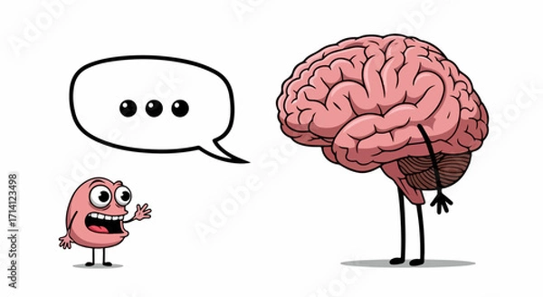 Fototapeta Cartoon brain speaks with smaller brain on white background. Cartoon brain with speech bubble displays mental clarity, while other brain is in a dilemma.