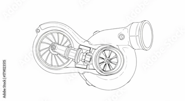 Fototapeta Turbocharger diagram displays engine turbocharger system technical drawing, an essential vehicle component. Detailed turbocharger visual shows turbine workings,