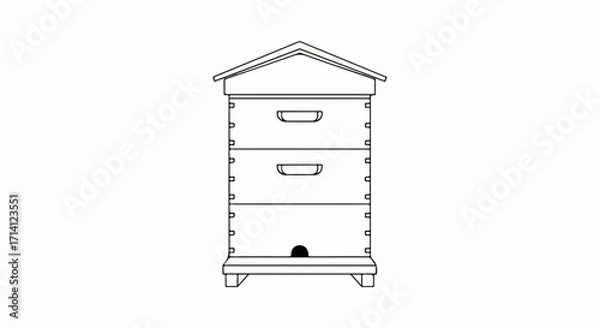 Fototapeta Simple beehive illustration, showing stacked boxes, entrance, and roof isolated on white. Beehive design provides shelter for honey bees and honeycomb production.