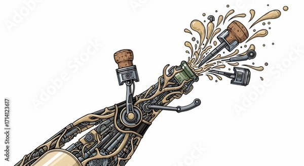 Fototapeta Bubbly splash design features an innovative approach to champagne with detailed mechanical components. Bubbly splash shows a bottle with a cork and pistons, creating mechanical action, steam,