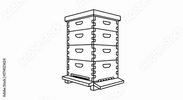 Fototapeta White isolated beehive structure with wooden frame boxes for honey production. Beekeeping setup includes multiple boxes with frames inside, providing space for bees to build honeycombs, in process.