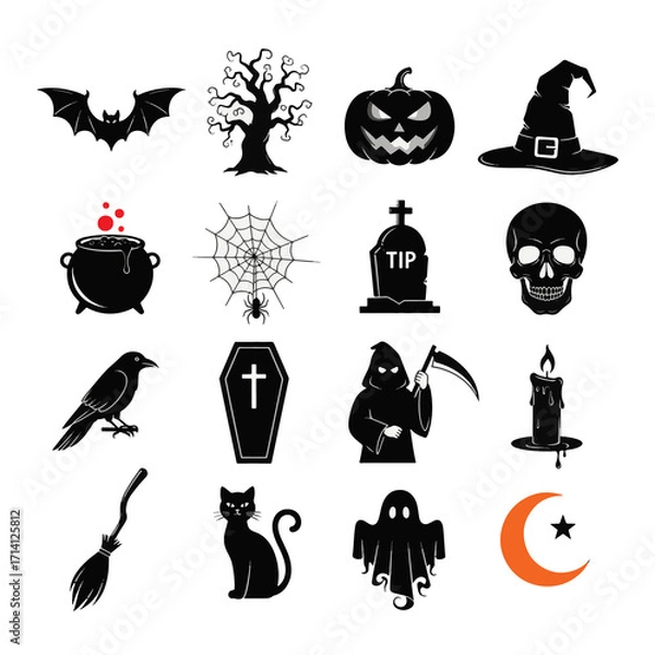 Obraz Spooky halloween icons collection featuring bats ghosts pumpkins skeletons and more for festive decor